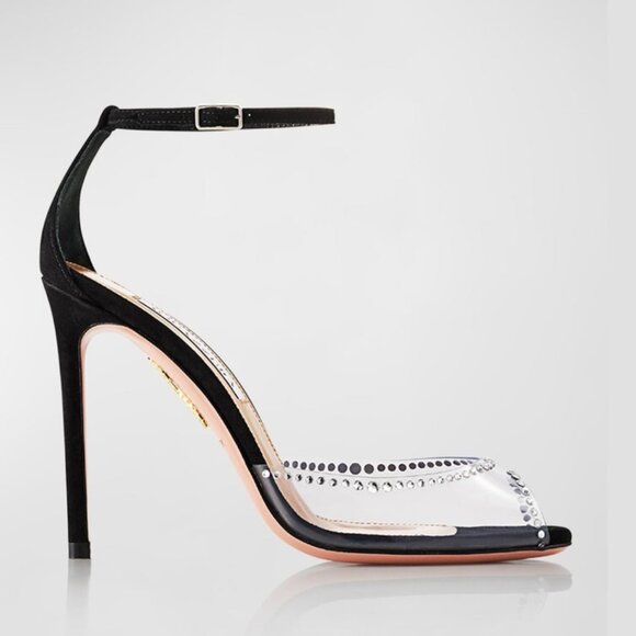 NWT Aquazzura Ray Of Light Sandals Plexi Crystal Peep Toe 105 Black Suede/PVC - Picture 1 of 13